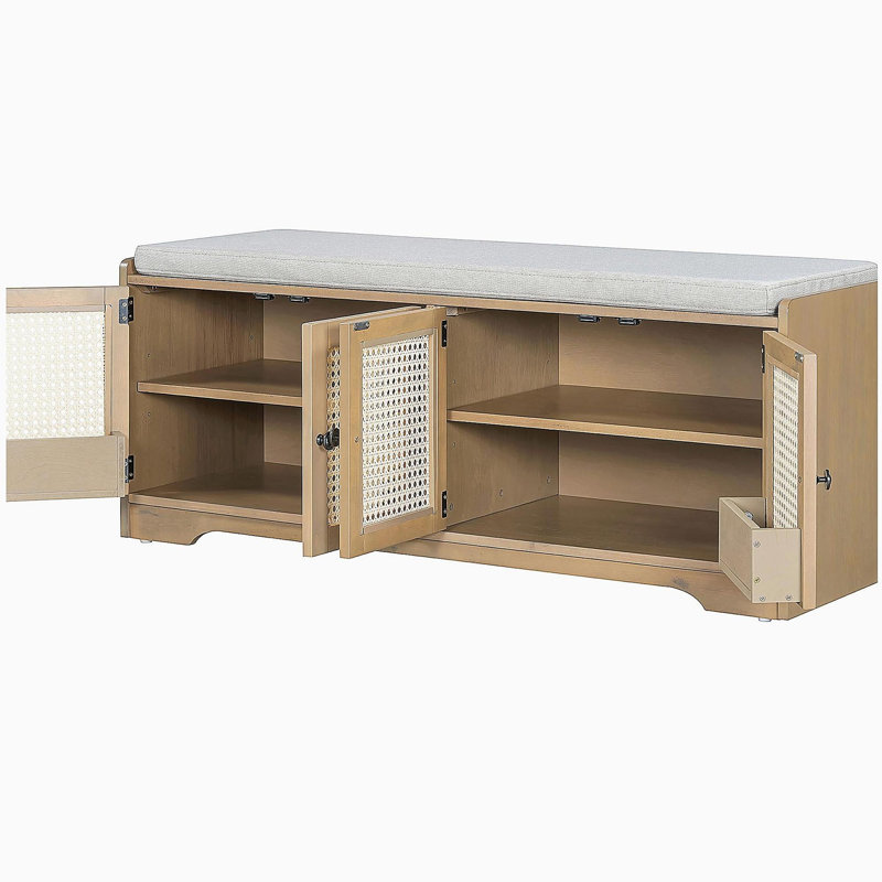 Banc de rangement rustique multifonctionnel pour chaussures avec coussin amovible, Beige/brun
