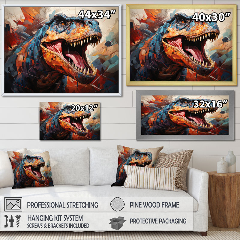 Dinosaure préhistorique héritage géométrique II - dinosaure, art mural, H 24 po x l 32 po x P 1 po, Cadre flottant blanc