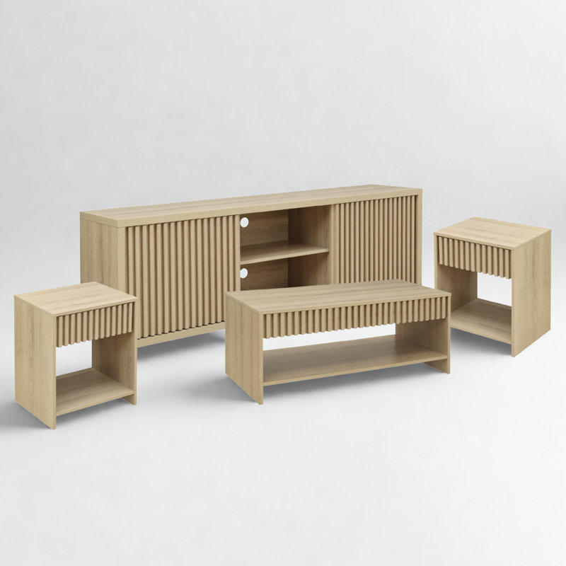 Meuble télé, table basse, ensemble de table de bout, Chêne