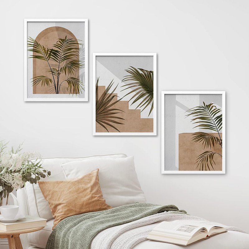 Minimal botanique abstrait ensemble de 3 plantes de palmier tropical Mid-Century, impressions sur toile, Blanc