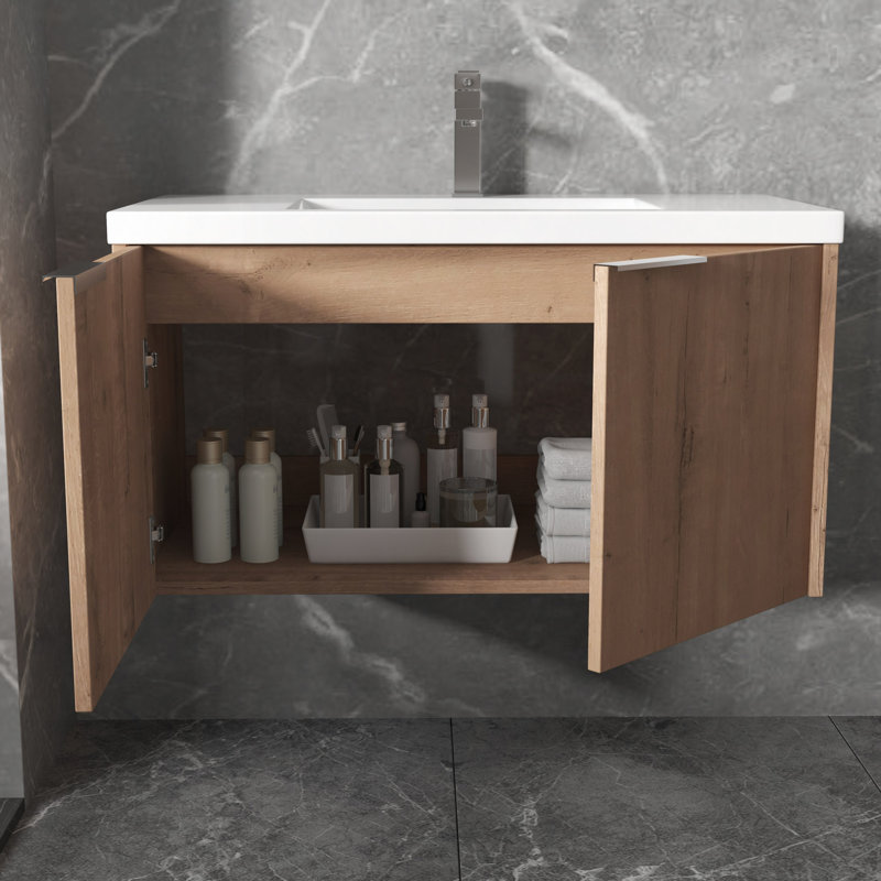 Meuble-lavabo à fixation flottante avec lavabo et porte à fermeture en douceur 2 portes Modern Design, Imitation chêne