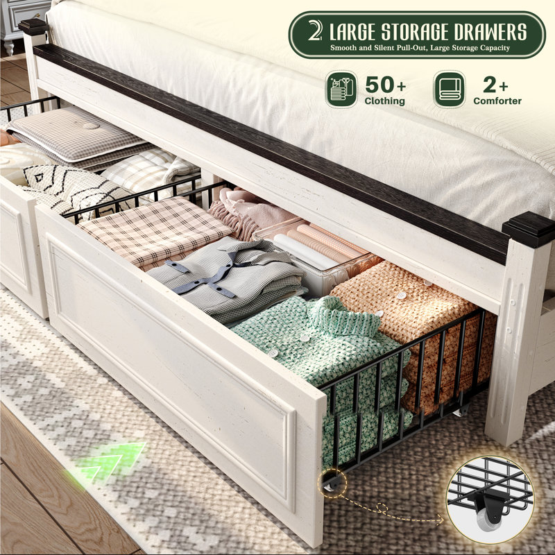 High Headboard Bed Frame With Hidden Storage & Silent Sliders, Queen/king, Queen