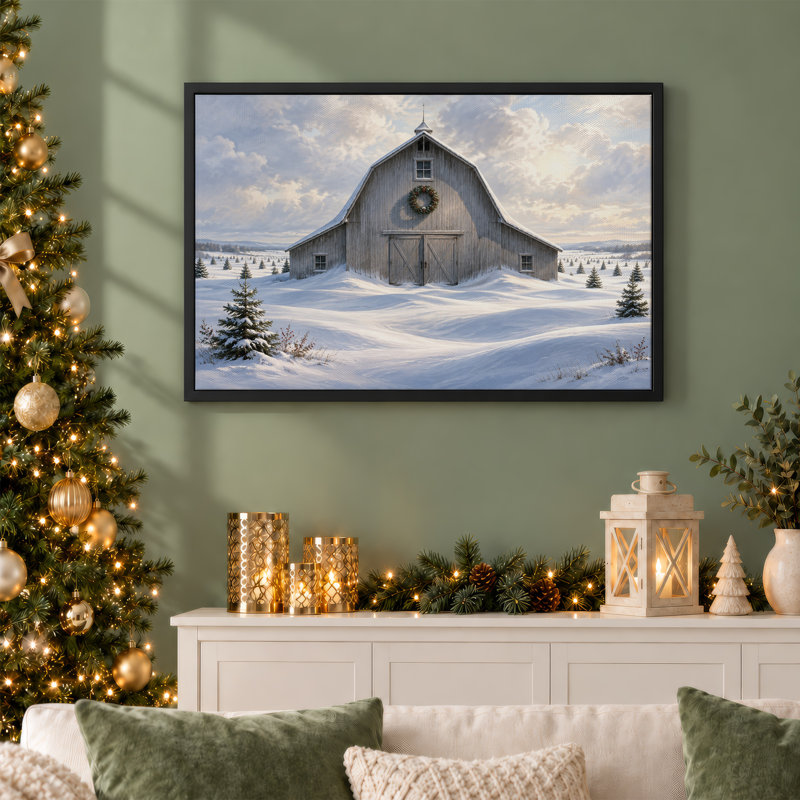 Toile grise en bois grise avec couronne en hiver enneigé, H 16 po x l 24 po
