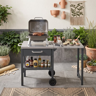 Chariot de cuisine pliable pour l'extérieur avec roulettes, tiroir et tablette inférieure