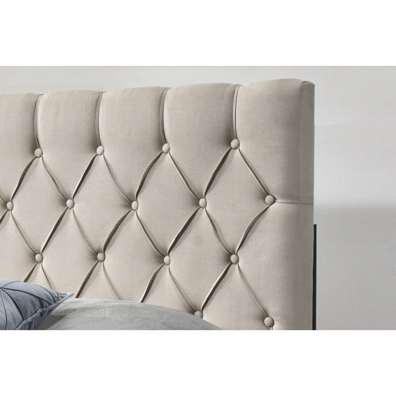 Lit plateforme tapissier touffeté, Beige, Très grand