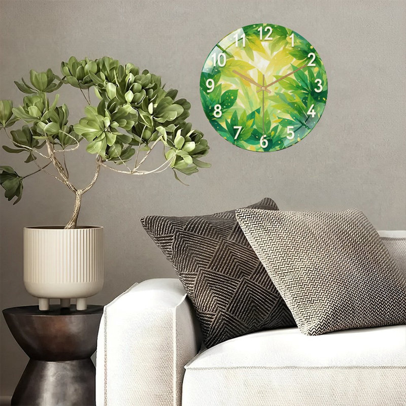 Horloge, chiffres sur fond de feuilles - Horloge murale moderne en verre 12 po