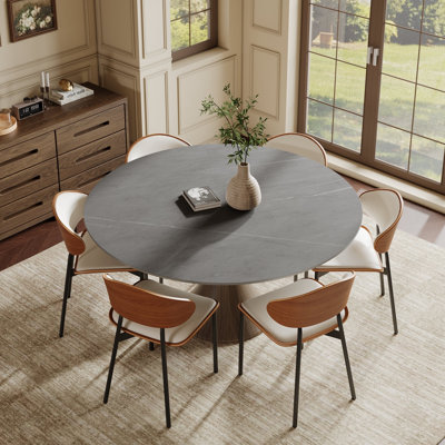 Ensemble de table de salle à manger 6 personnes avec table ronde 53 po / 59 po et 6 chaises de salle à manger rembourrées en cuir