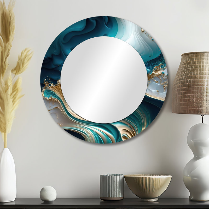Parushka Abstract Geode Turquoise III - Marble Mirror, Modern Round Unique Wall Mirror, Printed Metal Art, 23" x 23"