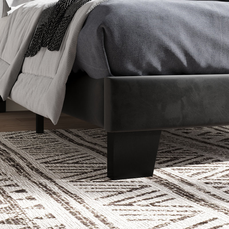 Lit plateforme Elison avec tête de lit tapissier en tissu et lattes en bois, Noir, Simple