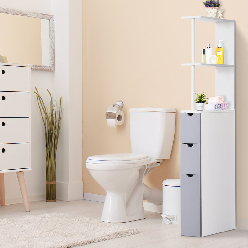53.75" H Bathroom Linen Holder - 2 Tier Shelf And Drawers, White Space Saving Unit Storage Cabinet 54" Organize Essentials