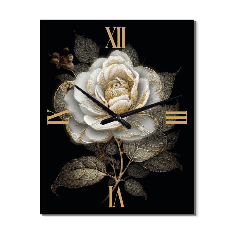Retro White Rose Portrait On Black II - Rose Very Wall Clocks, Medium