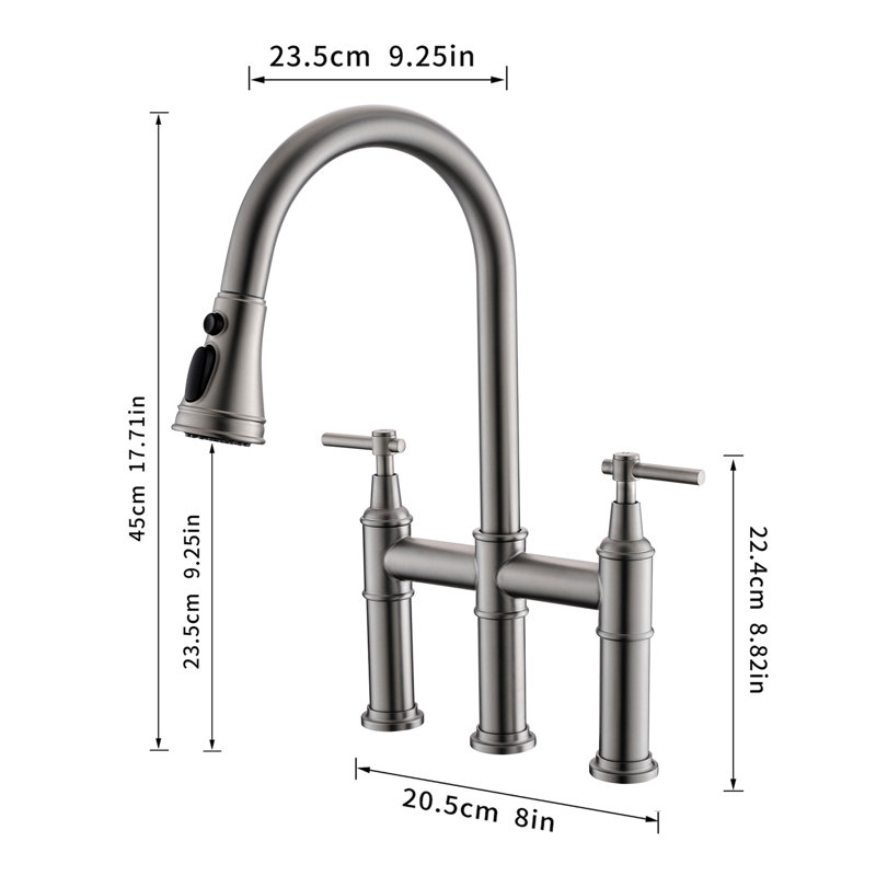 Robinet de cuisine à 3 trous, rétractable en nickel brossé, 2 poignées, robinet