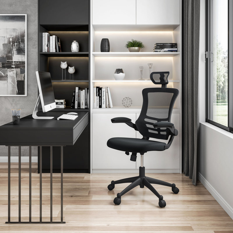 Fauteuil de direction haut dossier en filet avec appui-tête et accoudoirs rabattables, Noir