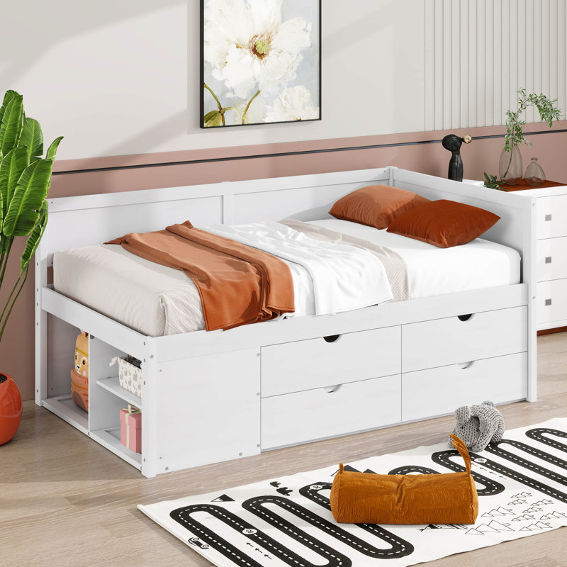 Lit de jour simple avec 4 tiroirs et tablettes de rangement, cadre de lit plateforme en bois avec tête de lit en L, lit d'angle