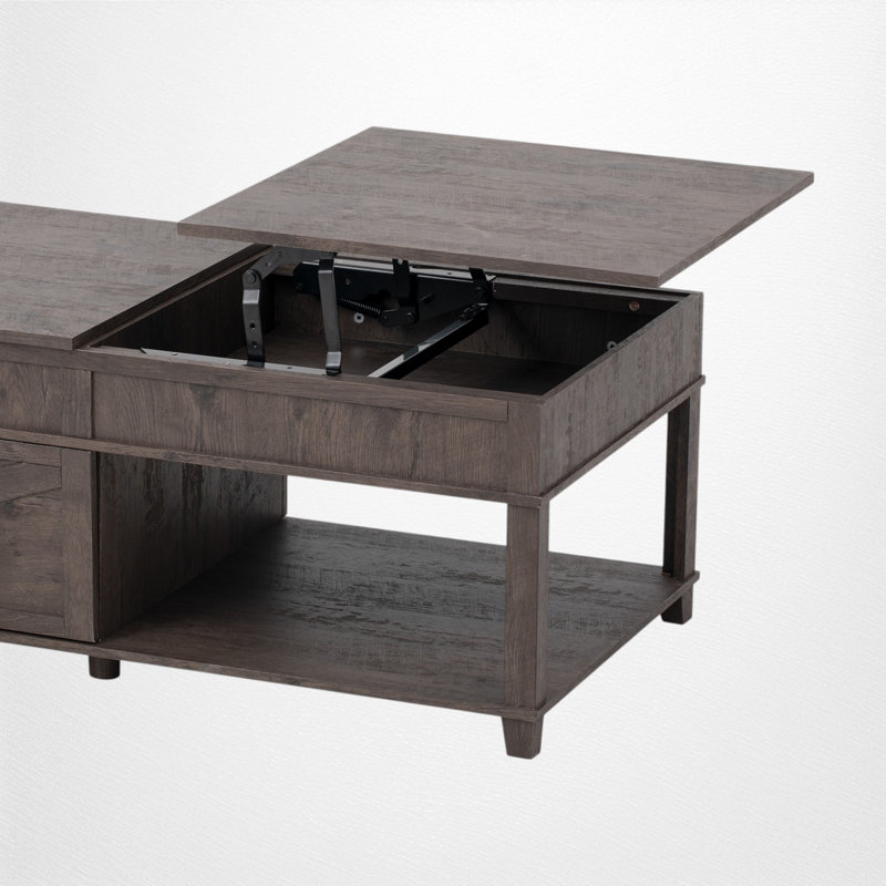 Table basse rectangulaire à plateau relevable, plusieurs compartiments cachés et tablette ouverte, maison de campagne moderne, salon