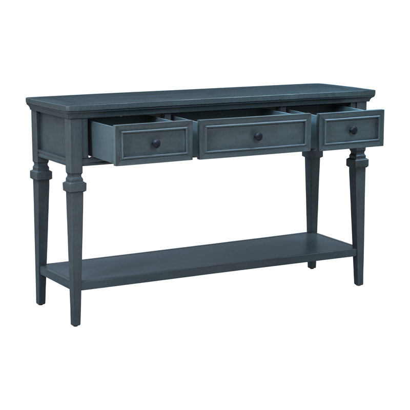 Console de style rétro classique avec trois tiroirs supérieurs et une tablette inférieure de style ouvert, facile à assembler (bleu marine)