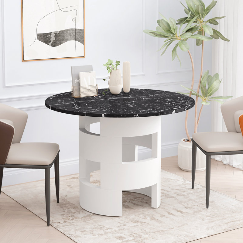Horatia Dining Table, Round Table, Fuax Marble Top Table, Modern Table, Black, White