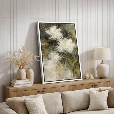 Soft White Botanical Floral Artwork, Living Room Pictures, Framed Canvas Giclee Print Wall Art