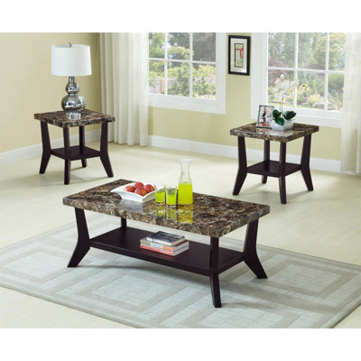 Faux Marble Tops 3-Piece Table Set Rectangular Coffee Table Two Matching End Tables MDF Wooden Base Built-In Storage Shelves Contemporary Home
