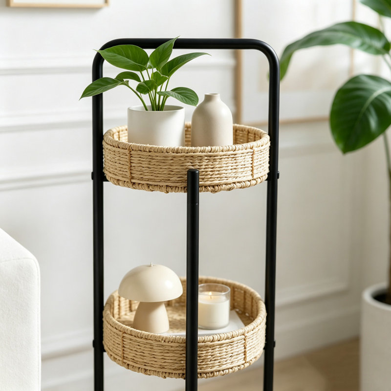 Table d'appoint ovale à trois niveaux, tressée à la main, avec paniers de rangement et structure métallique robuste., Natural