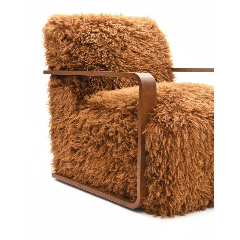 1 pièce Chaise d'appoint longue en fausse fourrure douce d'inspiration rétro avec accoudoirs courbés en bois siège et dossier principaux
