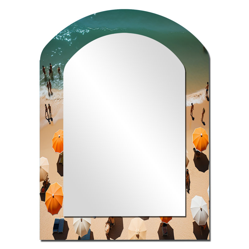 Beach Umbrella Aerial View III - Beach Sand Arch Unique Wall Mirror, Orange Asymmetrical Mirror, Printed Metal Art, 34" x 25"