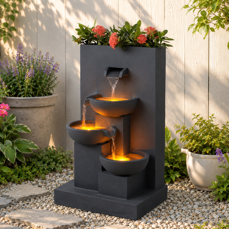 Palmerio Outdoor Cascade Fountain with Lights, Gray