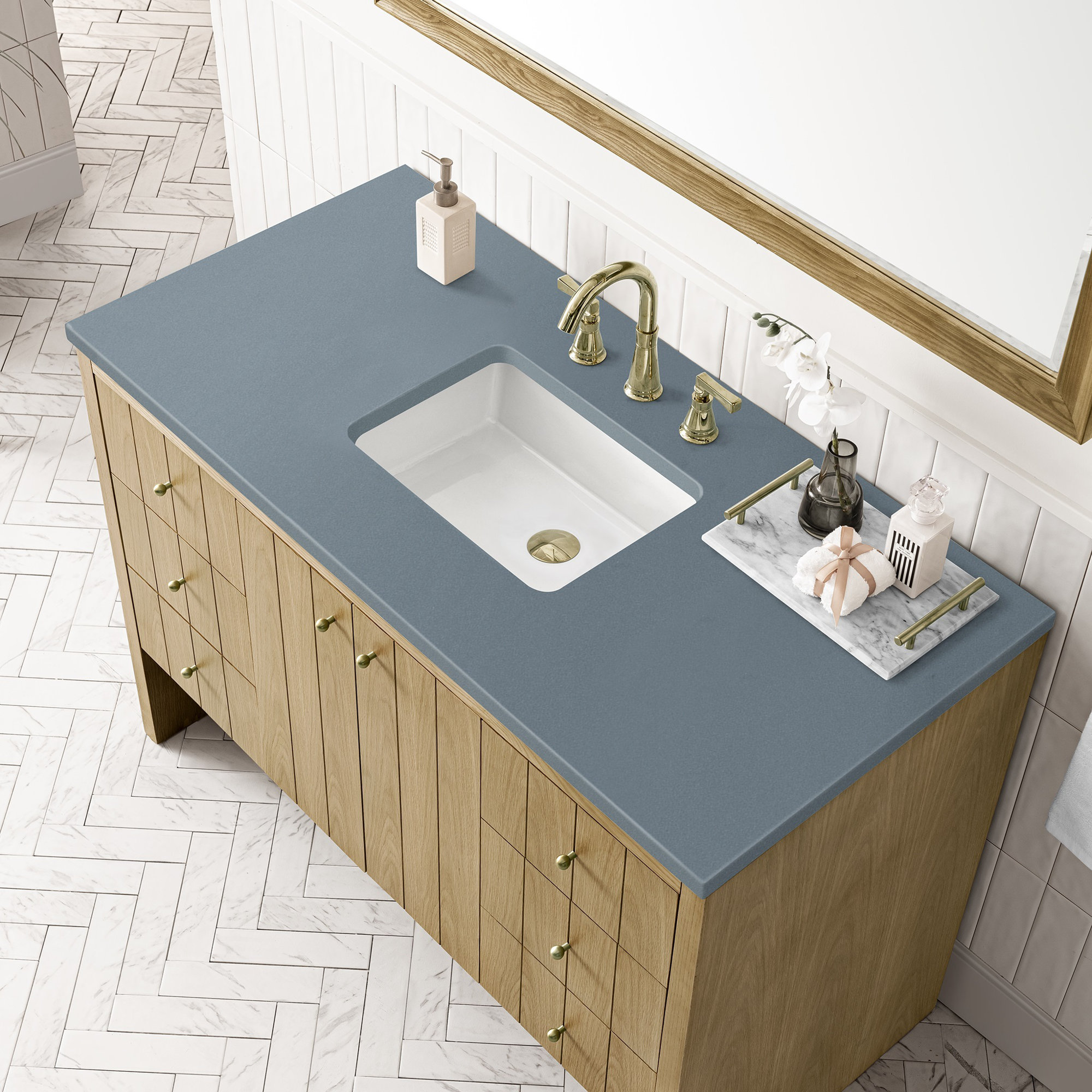 Hudson 48'' Single Bathroom Vanity, Cala Blue Quartz, 8" Widespread, Light Natural Oak