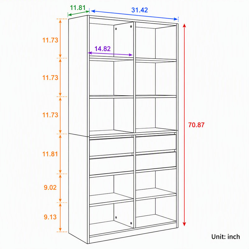 Bibliothèque moderne haute à compartiments ouverts avec 4 tiroirs de rangement