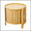 Table basse ronde pivotante moderne en rotin avec rangement dissimulé, idéale pour les espaces de vie élégants et fonctionnels.