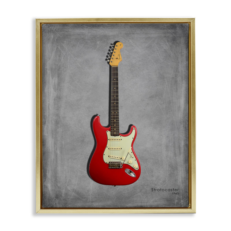 Guitare rouge classique sur cadre flottant gris, design par Mark Rogan, H 21 po x l 17 po, Cadre flottant métallique doré