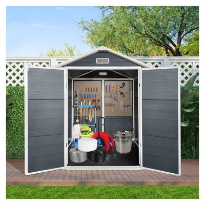 6x6 Ft Grey Plastic Outdoor Storage Shed with Floor, Lockable Door, Window and Vent