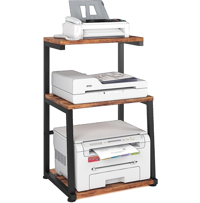3 Tier Large Printer Stand, 23.6 X 23.6 X 22.6 Inches Square Printer Table With Storage Shelf, Rolling Printer Cart With Industrial Wheels