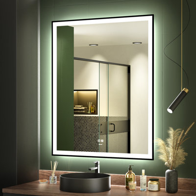 Miroir de salle de bain à DEL avec cadre noir, miroir de maquillage lumineux et antibuée à intensité variable, 3 lumières de couleur