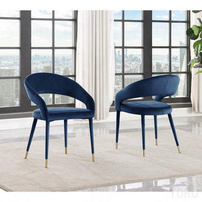 Modern Velvet Dining Chair Set Of 2, Wooden Legs With Gold Accent Tips, Navy