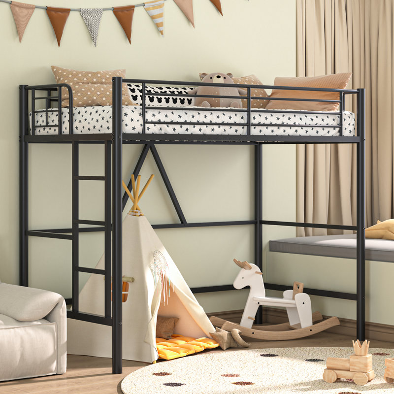 Loft Bed Twin Size With Built-In Ladder Full-Length Guardrails, Metal Slats Support Small Space Saving For Bedroom, Dorm, Teens, Or Small Apartments, Black