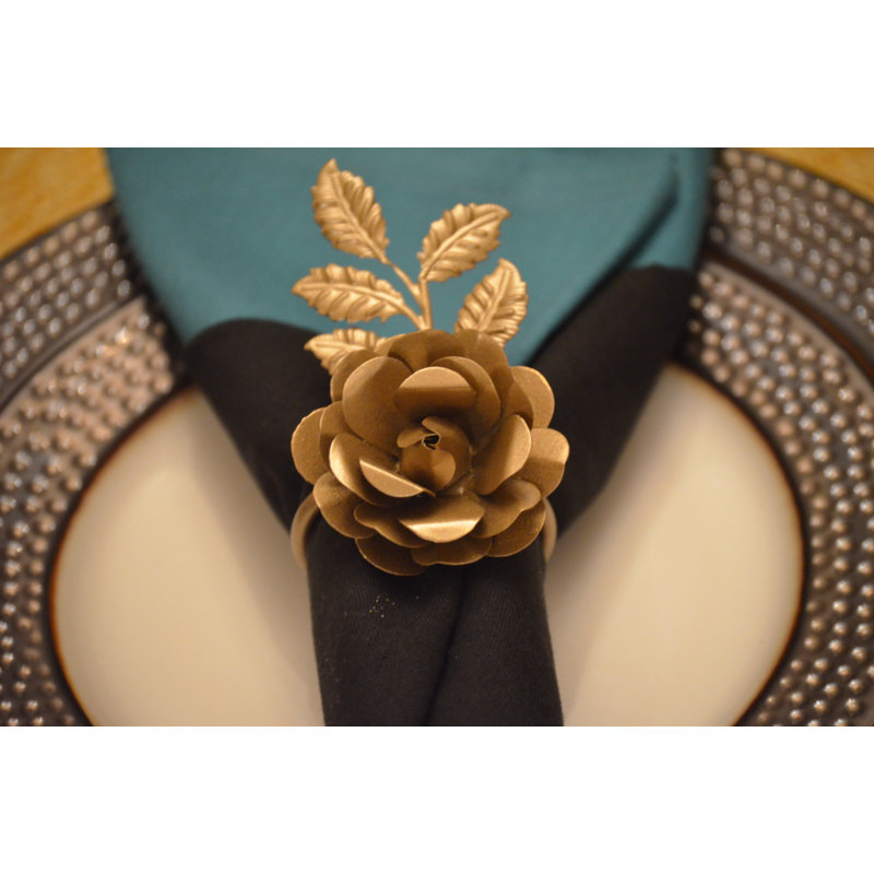 Golden Rose Flower and Leaves Napkin Ring Set of 4