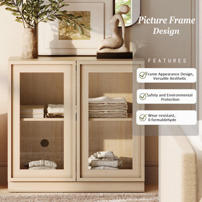 Modern Accent Cabinet with 2 Glass Doors, Multifunctional Accent Chest with Large Storage and Adjustable Shelf