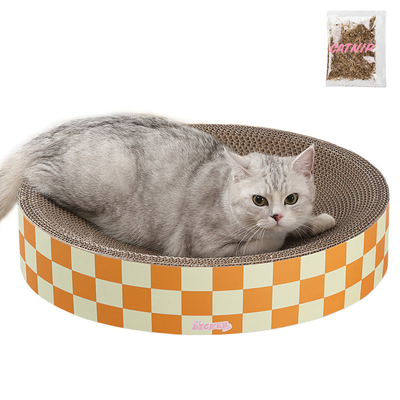 Nelson 20.13" Modern Cardboard Round Bowl Cat Scratcher with Catnip, Orange/Light Yellow
