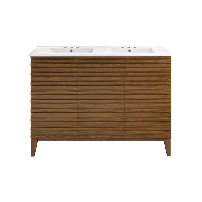 Cascade 48 po Meuble-lavabo double avec comptoir à 3 trous en céramique, Blanc, Brun