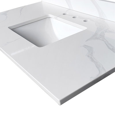 Plateau de meuble-lavabo en quartz 43 po, lavabo central encastré à simple cuve de 3/4 po d'épaisseur, dosseret de 4 po de hauteur, 3 trous de robinet pré-percés, résistant aux taches et à la chaleur, quartz blanc de Carrare avec veines