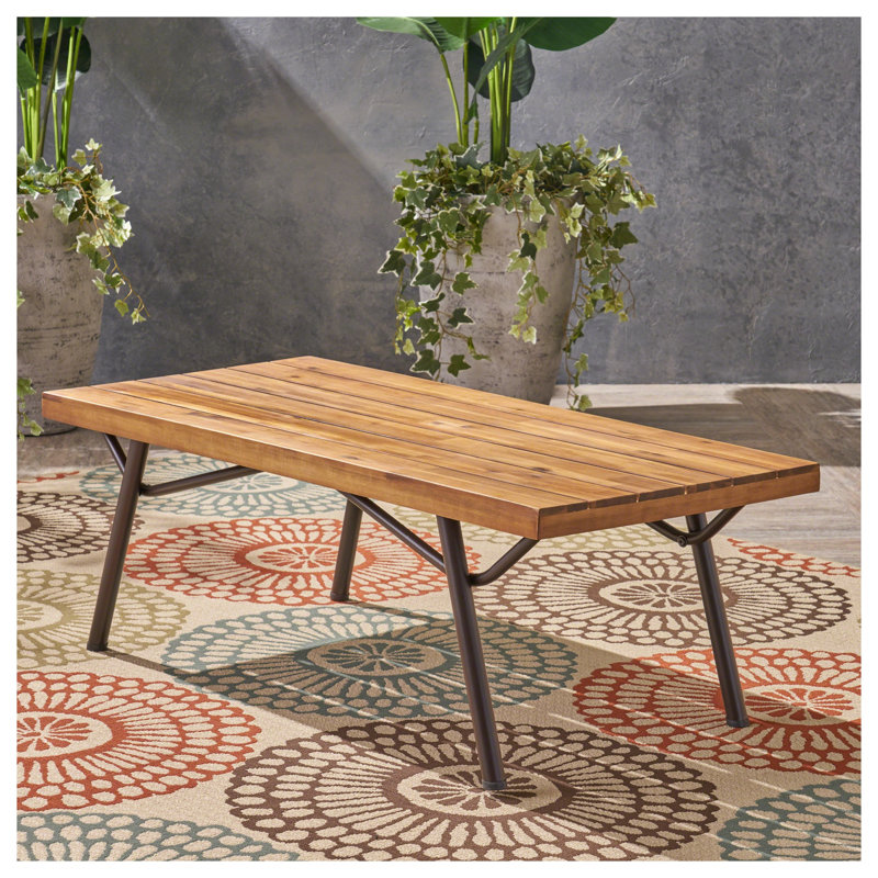 Table basse d'extérieur rectangulaire en bois d'acacia avec pieds en fer noir, centre de table en teck