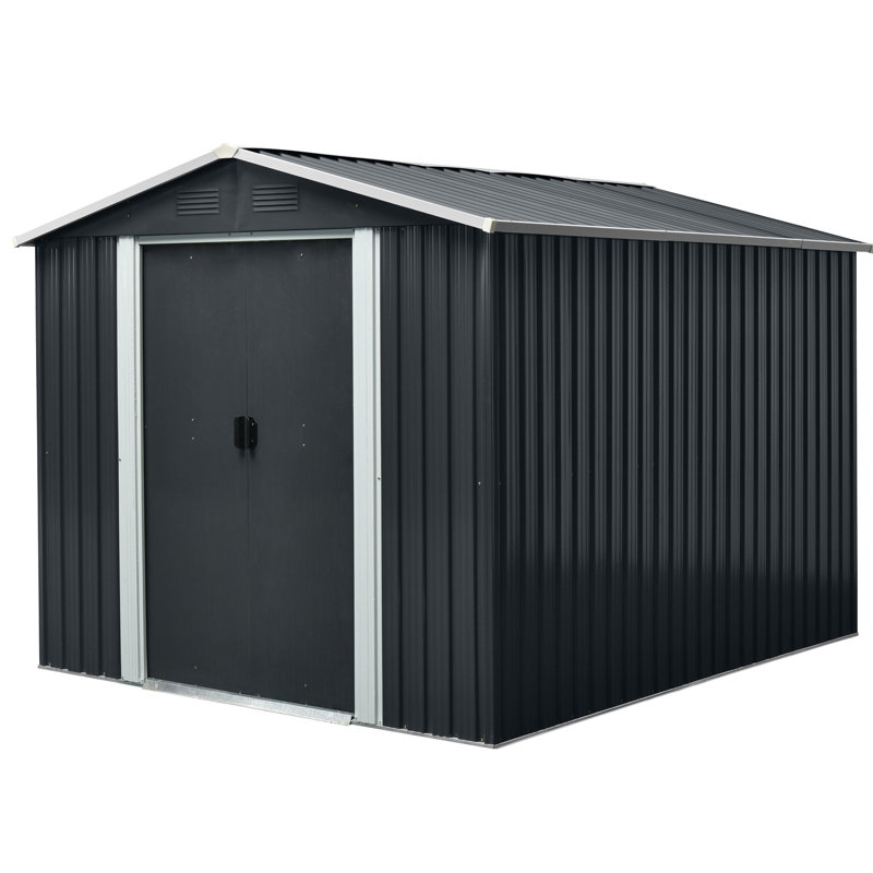 Remise extérieure en métal noir 8 pi x 10 pi - construction en fer galvanisé, évents perforés pour une meilleure ventilation, portes coulissantes cadenassables, assemblage facile requis, quatre évents, processus simple