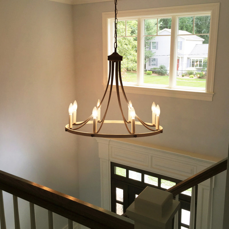 Luminaire rond rustique de style chandelier en forme de bougie à 8 lumières Mumme, Blanc patiné, 8