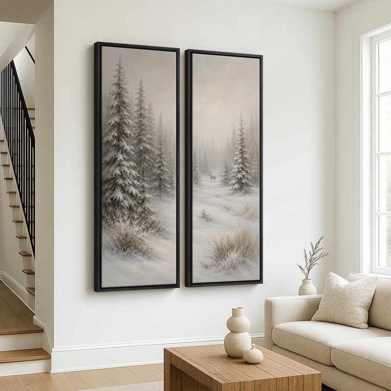 «Snowy Evergreen Forest Landscape with Deer and Misty Winter Scenery», art mural pour salon, chambre à coucher, chalet, bureau, entrée, couloir - ensemble de 2 reproductions d'art encadrées sur toile 60 po x 20 po x 2
