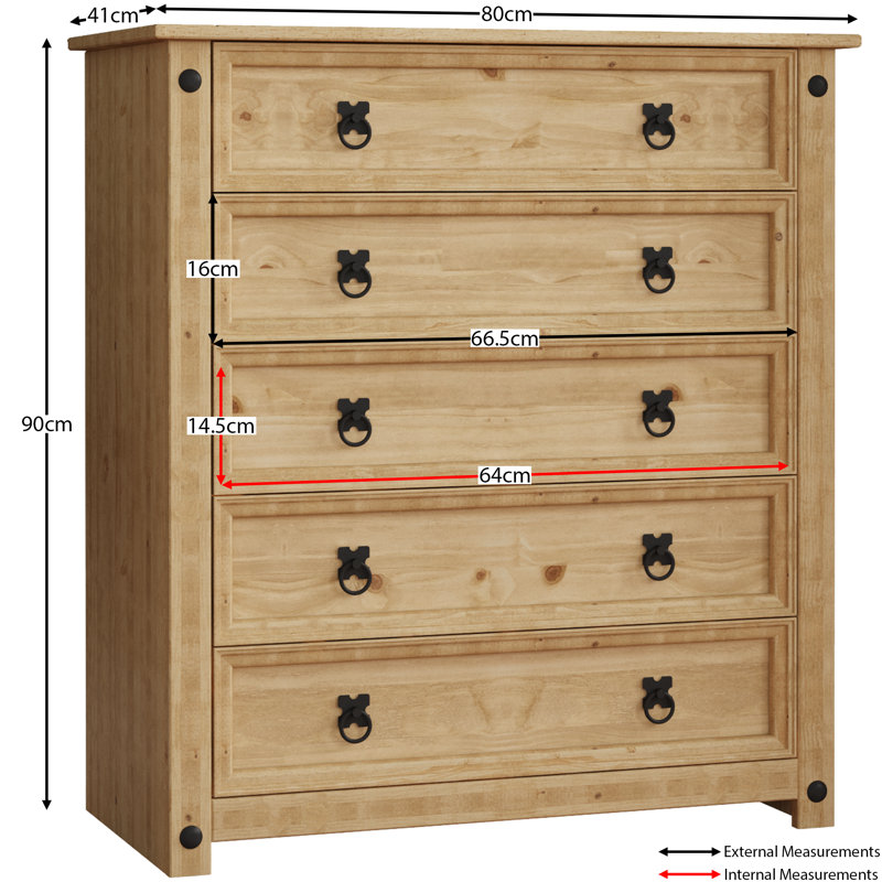 Harold Solid Wood 80cm W 5 - Drawer Chest of Drawers