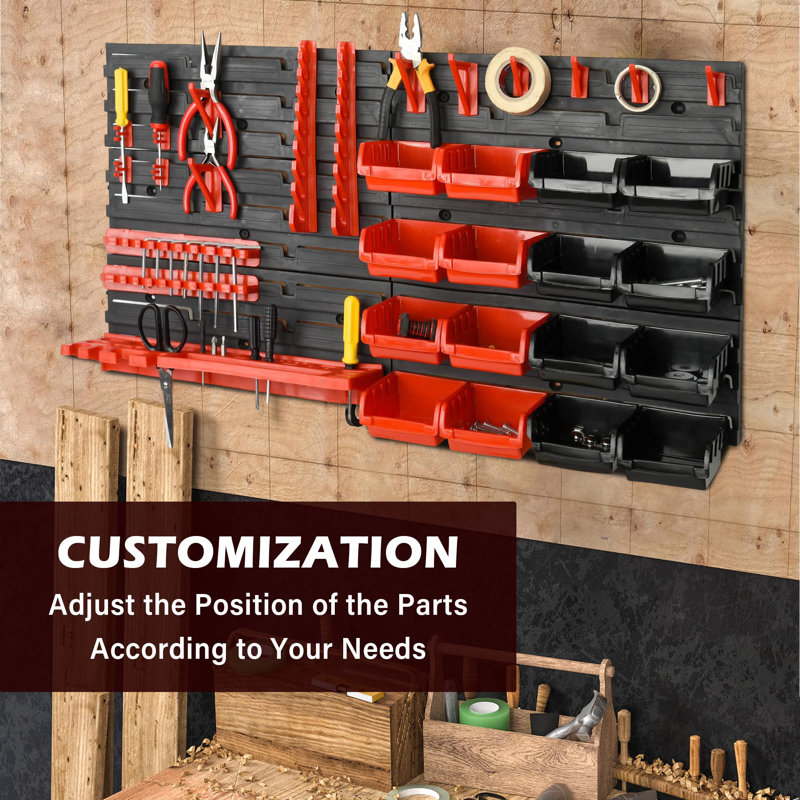 43-Piece Wall Mount Tool Organizer, Storage Box For Nuts, Bolts And Hardware Parts, Black And Red