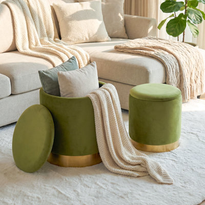 Storage Velvet Ottoman With Soft Cushion Round Shape Stylish