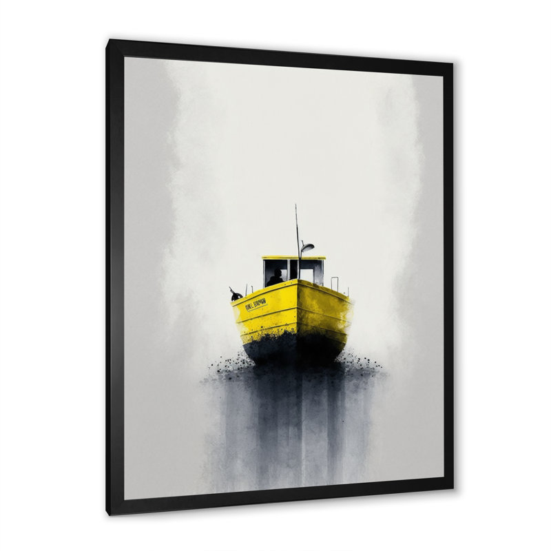 Décoration murale bateau de brouillard jaune sur le lac III - Bateau côtier, Impression noire sur toile encadrée