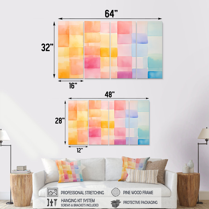«Paster Color Cubes Patterns I» - art mural abstrait géométrique 4 pièces pour le salon, H 28 po x l 48 po
